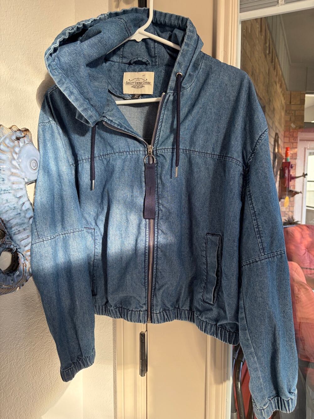 Ashley Vintage Charm Lightweight Denim Hoodie Jacket Full Zip Blue Size XL